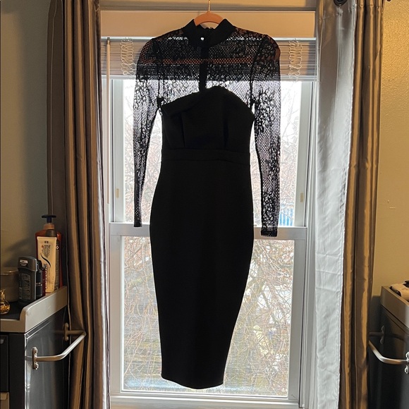 ASOS Dresses & Skirts - ASOS Black Lace High Neck Bodycon Midi Dress US 2 Long Sleeve Cocktail Dress